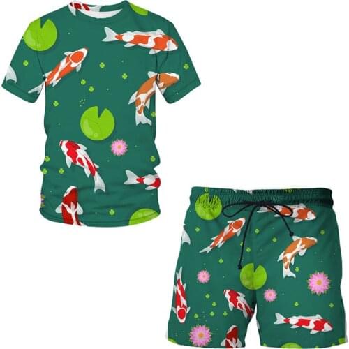 Koi fish 3D Boys and Girls T-shirt Short Sleeve Shorts Trend Casual T-shirt Set Cartoon 2021 Summer Fashion New Men clothing