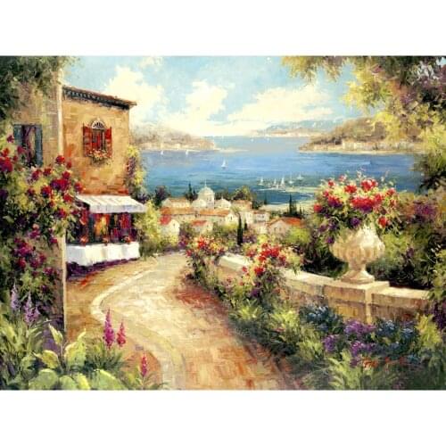 Italian landscape garden art oil painting Marina Di Leuca modern Mediterranean artwork for bedroom decor
