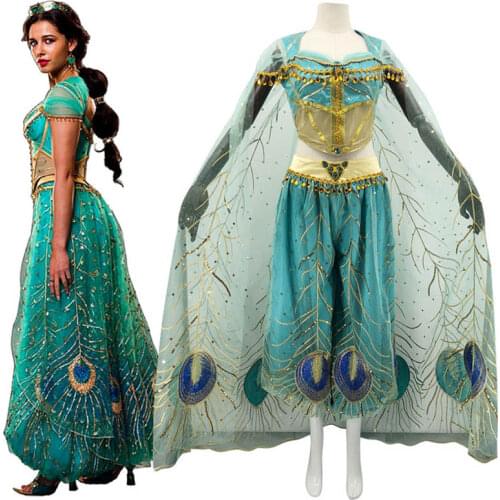 New Movie Aladdin Jasmine Princess Top Quality Embroidery Cosplay Costume For Adult Women Girls Wigs Halloween Party Costumes