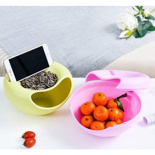 Lazy Snack Storage Box With Phone Holder Plastic Multifunction Double Layer Snack Bowl Plate Organizer Fruit Plate Bowl Fruits