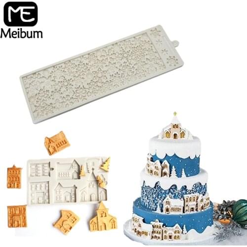 Meibum Christmas Snowflakes House Cake Fondant Mold Silicone Molds Dessert GumPaste Sugar Craft Decorating Mould Baking Tools