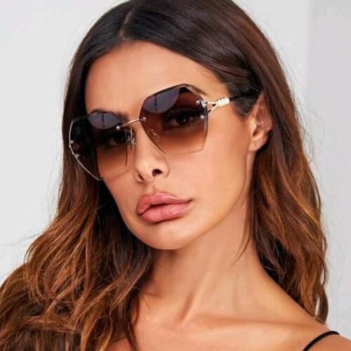 Vintage Rimless Brown Designer Sunglasses Women Luxury Brand Fashion Elegant Pearl Gradient Sun Glasses Irregular Square Shades