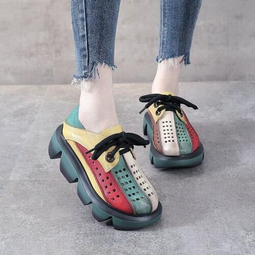 Summer Rainbow Toe Layer Cowhide Thick-soled Sponge Cake Hollow Single Shoe Hole Womens Shoes Wedge Leather Sandals Women