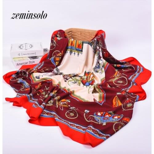 Horse Carriage Satin Silk Scarf Women Shawl Spring Autumn Silk Scarf Square Smooth Thin Shawl Scarves For Women 130*130cm Stoles