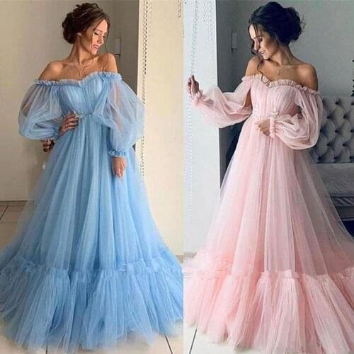 Blue Prom Dresses Long Sleeve Off the Shoulder Princess Dress 2020 Tulle Lace-up Formal Evening Party Dresses Plus Size