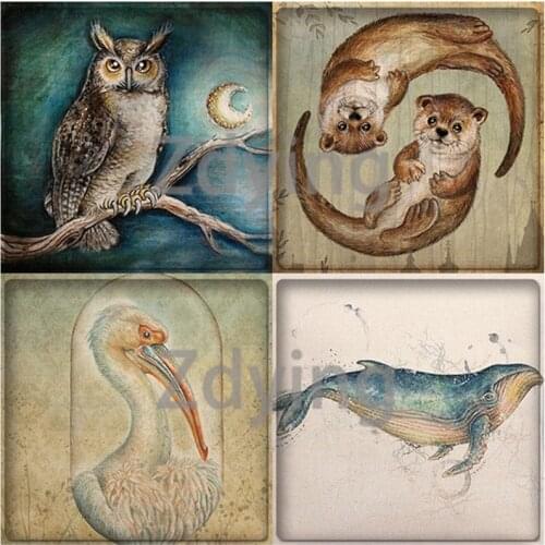 Zdying Hot Sale Retro Animals Bird Whale Hedgehog Owl Pattern Square Shape Glass Cabochon Beads Demo Flat Back Jewelry Findings