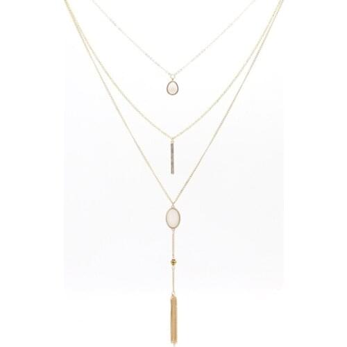 Light Yellow Gold Color Alloy Multi Layer White Quartz Stone Pendant with Tassels Necklace Geometric Jewelry