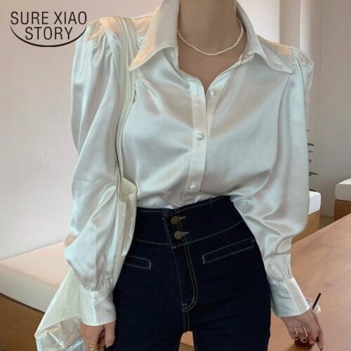 Korean New Loose Satin Button Bubble Sleeve Lapel Shirt Chic Women Blouse Elegant Women Shirt Tops Pink Tops Blusas Mujer 12635