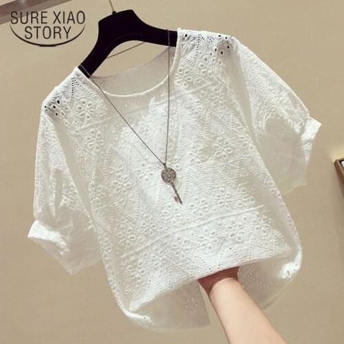 2021 South Korea New Loose Hollow Shirt Tops Summer Solid Color Lace Shirt Women Short Sleeves Blusas Mujer De Moda 2021 15379