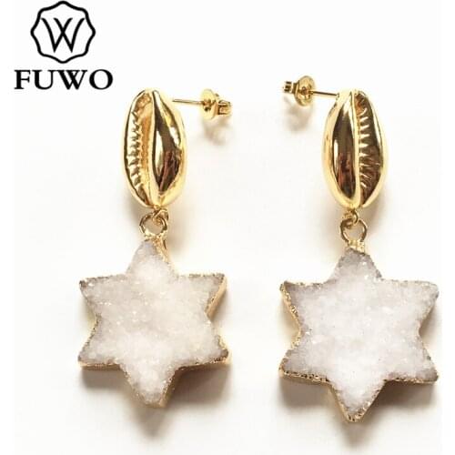 FUWO Trendy Women Natural Druzy Quartz Earrings High Quality Elegant Gold Shell Star Shape Gifts Jewelry Wholesale ER048