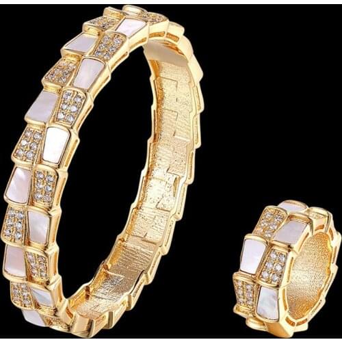 Zlxgirl jewelry luxury brand real shell Gold Copper bangle with ring jewelry sets for women bridal bijoux sets zircon bangle set