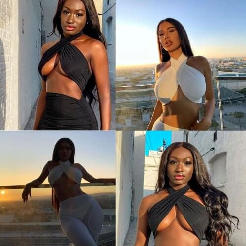 Women Strappy Cross Over Front Cut Out Halter Neck Sleeveless Backless Crop Top Bandage Vest Summer Sexy Tops Woman Clothes