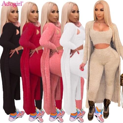 Adogirl Solid Plush Thick Three Piece Set Fleece Tank+ Long Sleeve Cardigan Pencil Pants Warm Suit Autumn Winter Outdoor Outfit