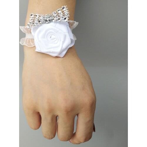 White Color Wrist Flower Rose Silk Ribbon Bride Corsage Hand Decorative Wristband Bracelet Bridesmaid Bouquet boutonniere 559-J