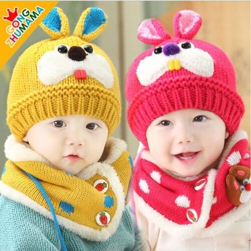 Baby Wool Hat Korean Childrens Fleece Knitted Hat Autumn and Winter Rabbit Tooth Hat Pullover Ear Protection Hat Scarf Two