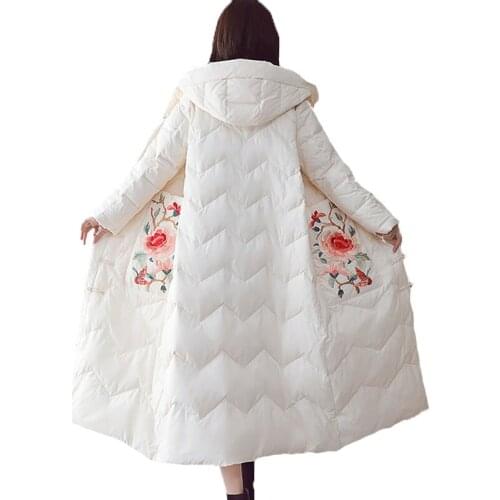 Hat Down Cotto Long Winter Coat Women Embroidery Vintage Chinese National Style Parka 2020 Casual Cotton Padded Clothes A803