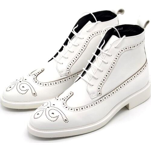 Classic Carved White Boots Brock shoes men High top Cow leatherf Men Martin Boot Top Quality