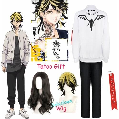 Kazutora Hanemiya Cosplay Tokyo Revengers Costume White Coat Valhalla Uniform Baseball Jacket Tattoo Mikey Draken Halloween