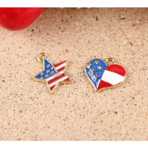 Mini order 20pcs/lot US flag style gold tone plated star heart shape jewelry bracelet charms Fashion enamel alloy metal charm