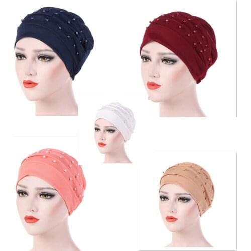 Fashion Ethnic Style Ladies Hat Hoods Keep Warm Beads Head Cap Muslim Turban Hijab Caps Elastic Hair Wrap Keep Warm Beanies Head