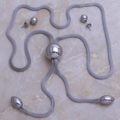 Fashion Jewelry Stainless Steel Long Round Ball Pendant Necklace & Earrings Set For Woman Bijoux En Acier Inoxydable SE109002