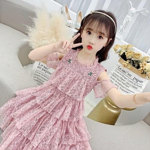 New 2020 Summer Toddler Girls Lace Cake Dress Kids Off Shoulder Elegant Wedding Dresses Children Clothing For Baby Girls W291