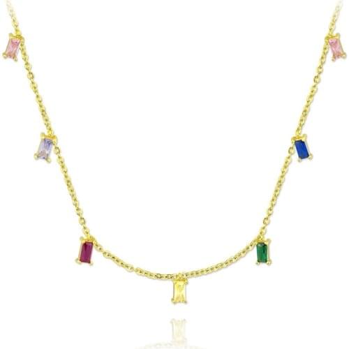 Charming Crystal Gold Silver Chain Necklace for Women 925 Sterling Silver colorful Rainbow Square Zircon Necklace