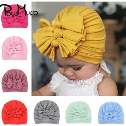 Powmuco 19*17 CM Soft Knitted Fabric Infant Hat Handmade Bowknot Baby Girl Caps Solid Color Toddler Warm Bonnet Kids Accessories