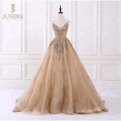 Luxury Jusere Champagne A-Line Appliqued Beaded evening dress sleeveless Prom Dresses Evening Party Gown