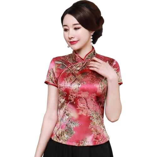 Shanghai Story Floral Cheongsam Shirt Qipao Top Short Sleeve Chinese Traditional Top Faux Silk Chinese Blouse For Woman
