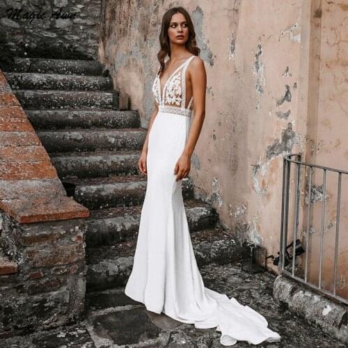 Magic Awn Charming Mermaid Wedding Dresses Boho Lace Appliques V-Neck Backless Illusion Wedding Party Dress Robe De Mariage