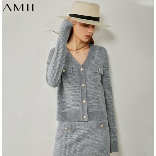 AMII Minimalism Autumn Woman Tops Fashion Pullover Vneck Single-breasted Tweed Jacket High Waist Aline Women Skirt 12040763