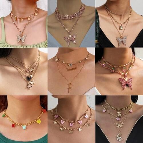 Bohemian Multilayer Gold Chain Butterfly Pendant Choker Necklace Women Statement Collares Coin Cross Crystal Trendy New Jewelry