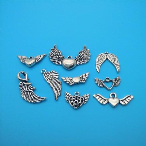 Vintage Silver Alloy Mixed Wings heart-shaped wings Charms Pendants For Jewelry Making Bracelets Necklace Crafts Accessories DIY