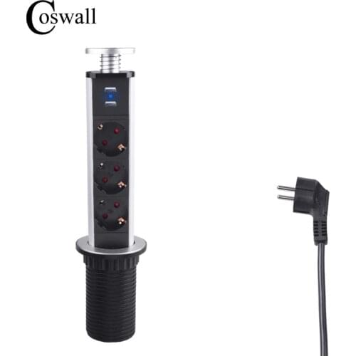 COSWALL PULL POP UP 3 Socket 2 USB Charge Port Kitchen Table Desktop Outlet Retractable EU Plug Aluminum Body Blue Backlight
