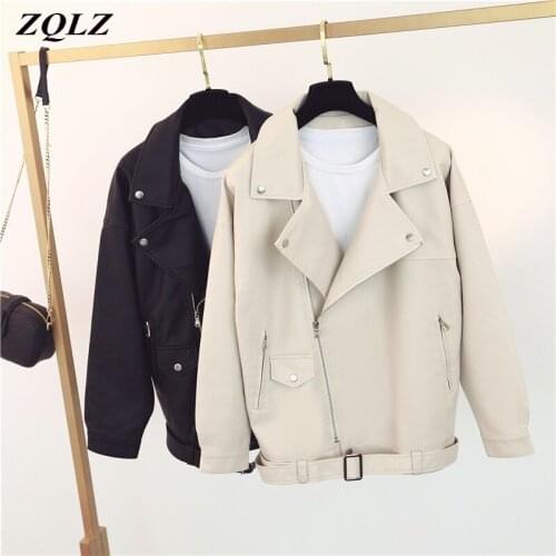 ZQLZ Faux Leather Jacket Women Autumn Spring Pink Streetwear Pu Coat Female Loose Biker Motorcycle Black Leather Coats Femme