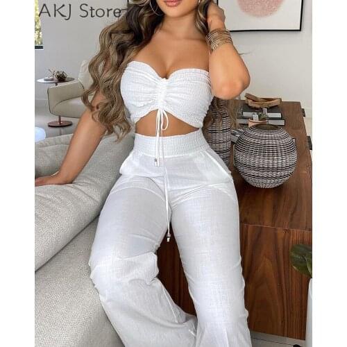 Women Solid Color Sleeveless Drawstring Bandeau Top & Shirred High Waist Pants 2 Piece Sets