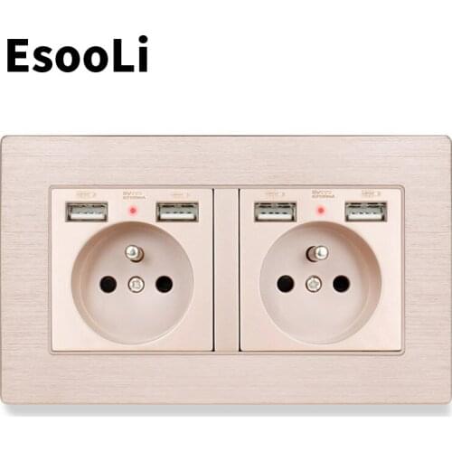 Esooli Gold French Standard Wall Socket With 4 USB Charge Port For Mobile Phone Hidden Soft LED Indicator Black Aluminum Panel