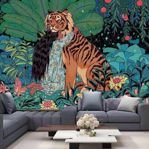 Tiger and Girl Tapestry Mandala Tapestry Wall Hanging Boho Decor Macrame Tapestries Hippie Witchcraft Tapestry Wall Cloth 1Pcs