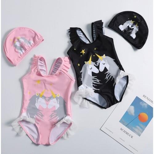 2019 Girl One-Piece Ruffle Swimwear with Cap Children Girls Beach Sport Surf Swim Bathing Suits Little Girls Unicorn Swimsuit