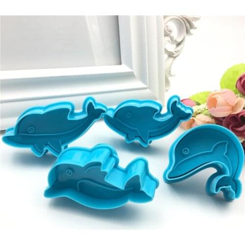 4 pcs/set Animal Dolphin Plastic Cookie Mold Plunger Cutter Stamp Fondant Embosser Die 3D Biscuit Cake Molds
