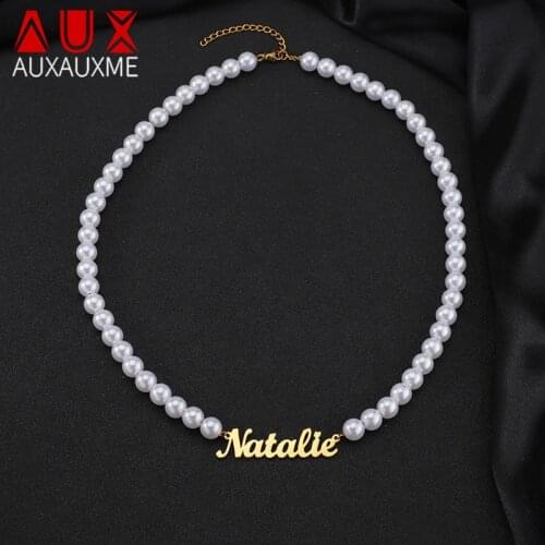 Auxauxme Custom Pearl Chain Name Necklace Stainless Steel Personalized Nameplate Choker for Women Elegant Jewelry Gifts