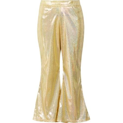 Unisex Kids Shiny Metallic Bronzing Flare Pants Children Boy Girls Elastic Waist Wide Leg Long Pants for Dance Performance Party