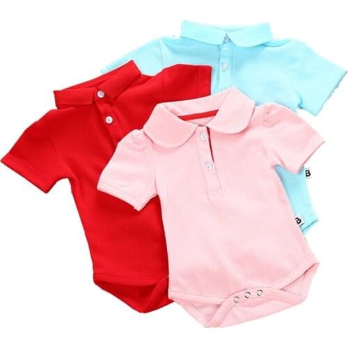Infant Baby Gentleman Romper Short Sleeve Solid Color Red/Blue/Pink One Piece Turn Down Collar Jumpsuit Boys Girls Summer Outfit