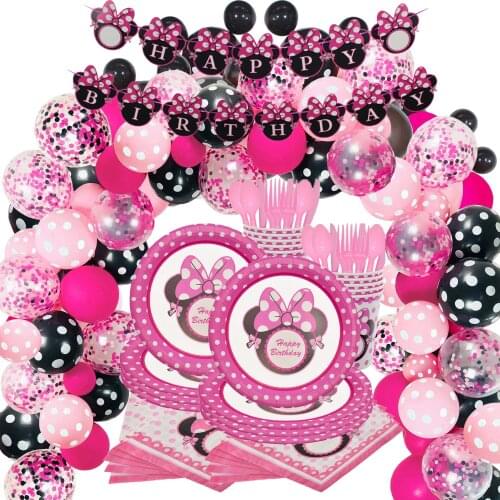 Disney Minnie Mouse Birthday Party Supplies Black Pink Balloon Garland Arch Paper Plates Cups Napkins for Mouse Party Decoration