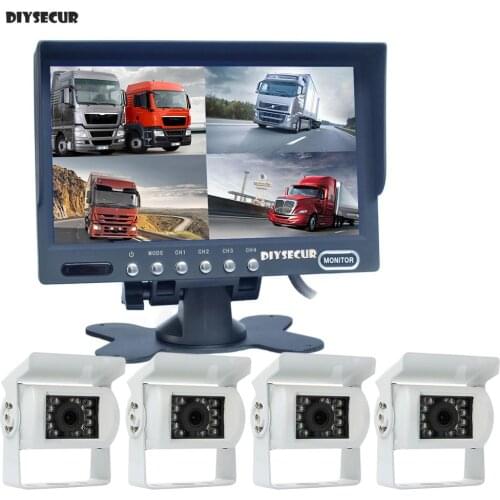 DIYSECUR 7" 4 Split QUAD Backup Rear View Car Monitor + Waterproof IR Reversing Rear View LED Camera White for Truck Bus