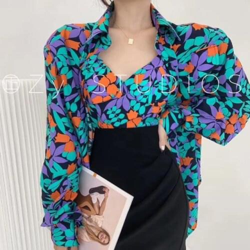 Girls' Sweet Summer Shirt] Flowers and Leaves LooseSleeve Shirt Jacket + Camisole Set Travel Beach Holiday Korea women Shirt