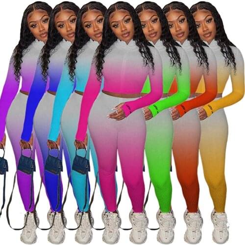 DPSDE 2020 fashion hot sale women street casual style sets long sleeve zipper short top elastic long pants two piece sets