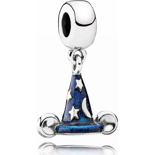 Blue Enamel Wizard Magic Hat Pendant DIY Fit Original Pandora Charms Bracelet Women Star Moon Witch Cap Beads for Jewelry Making