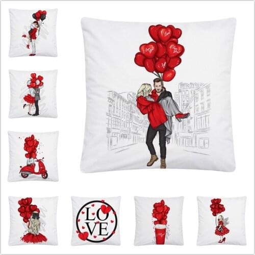 Red Pink Love Balloon Couple Pattern Soft Short Plush Cushion Cover Pillow Case for Home Sofa Car Decor Pillowcase 45X45cm